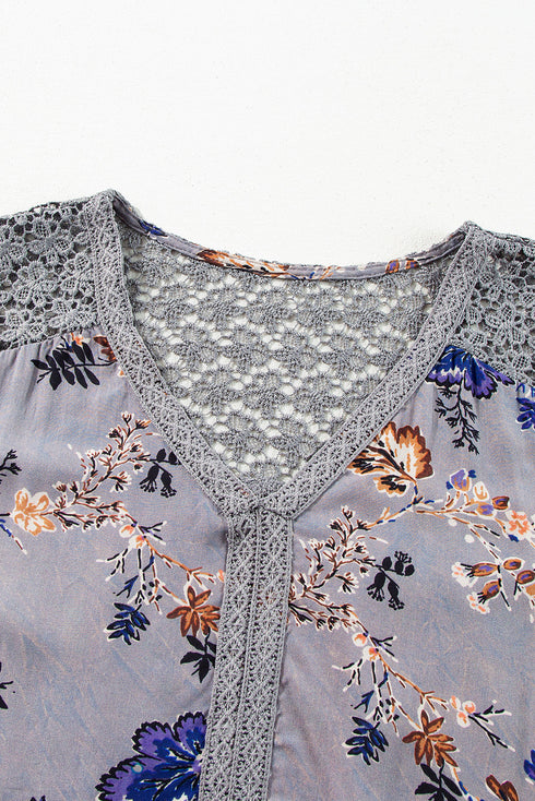 Lace Patchwork Floral Print Knot Front V Neck Blouse