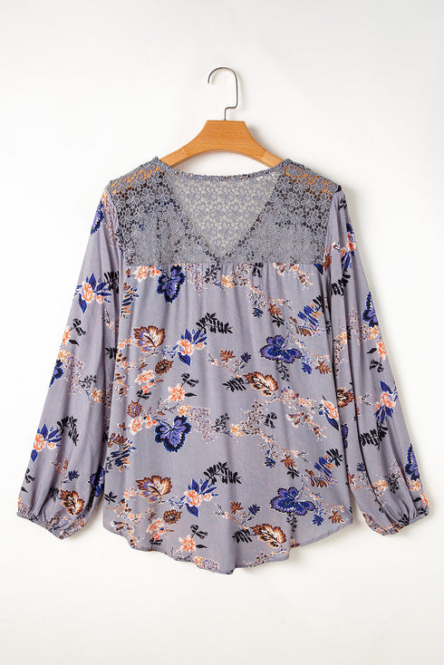 Lace Patchwork Floral Print Knot Front V Neck Blouse