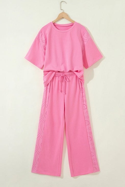 Lace Patchwork Half Sleeve Wide Leg Matching Pant Set