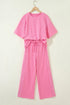 Lace Patchwork Half Sleeve Wide Leg Matching Pant Set