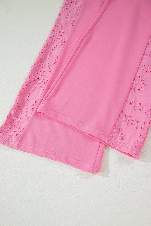 Lace Patchwork Half Sleeve Wide Leg Matching Pant Set