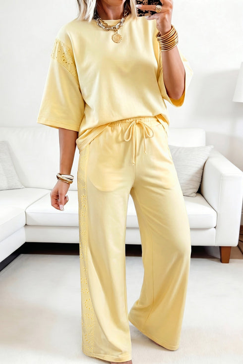 Lace Patchwork Half Sleeve Wide Leg Matching Pant Set
