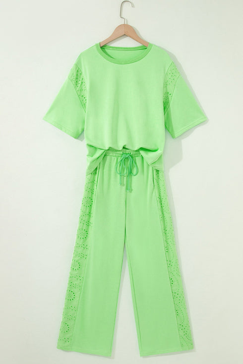 Lace Patchwork Half Sleeve Wide Leg Matching Pant Set