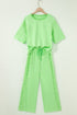 Lace Patchwork Half Sleeve Wide Leg Matching Pant Set