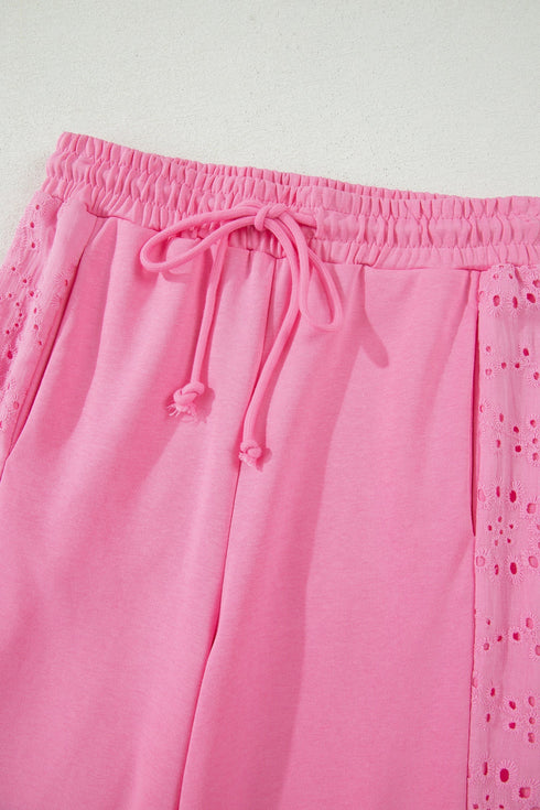 Lace Patchwork Half Sleeve Wide Leg Matching Pant Set