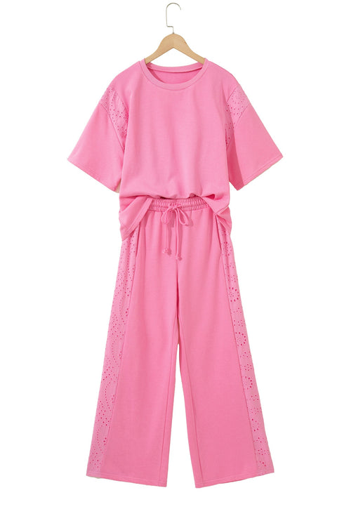 Lace Patchwork Half Sleeve Wide Leg Matching Pant Set