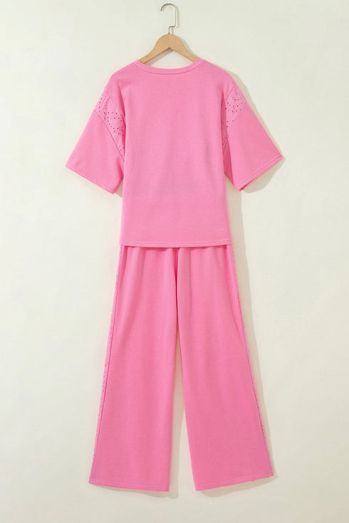 Lace Patchwork Half Sleeve Wide Leg Matching Pant Set