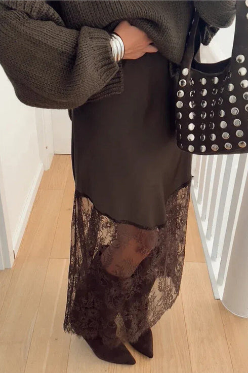 Lace Patchwork Hem Long Satin Shift Skirt