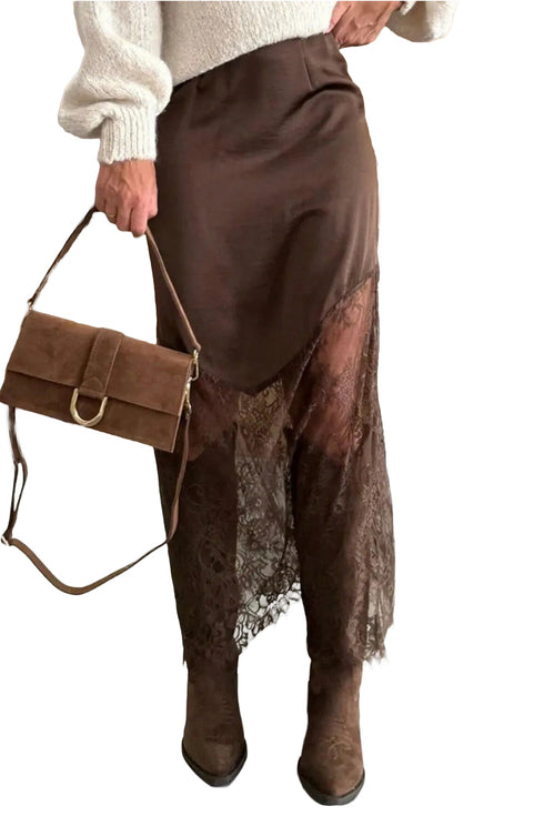 Lace Patchwork Hem Long Satin Shift Skirt