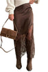 Lace Patchwork Hem Long Satin Shift Skirt