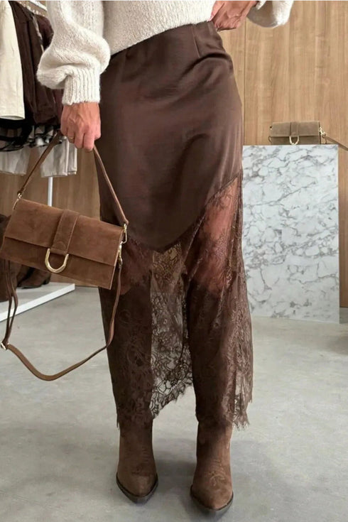 Lace Patchwork Hem Long Satin Shift Skirt