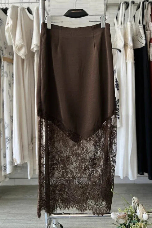 Lace Patchwork Hem Long Satin Shift Skirt
