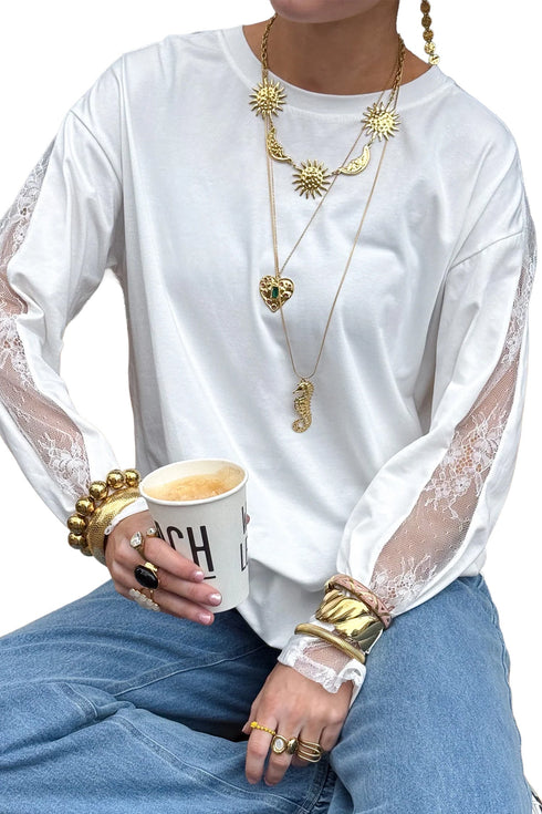 Lace Patchwork Round Neck Long Sleeve Top