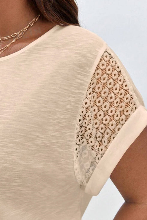 Lace Patchwork Short Sleeve Round Neck Plus Size Top