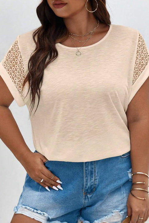 Lace Patchwork Short Sleeve Round Neck Plus Size Top
