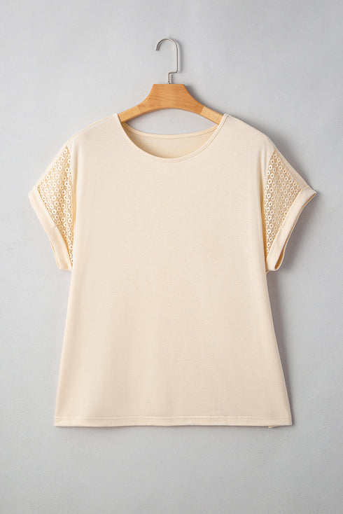 Lace Patchwork Short Sleeve Round Neck Plus Size Top