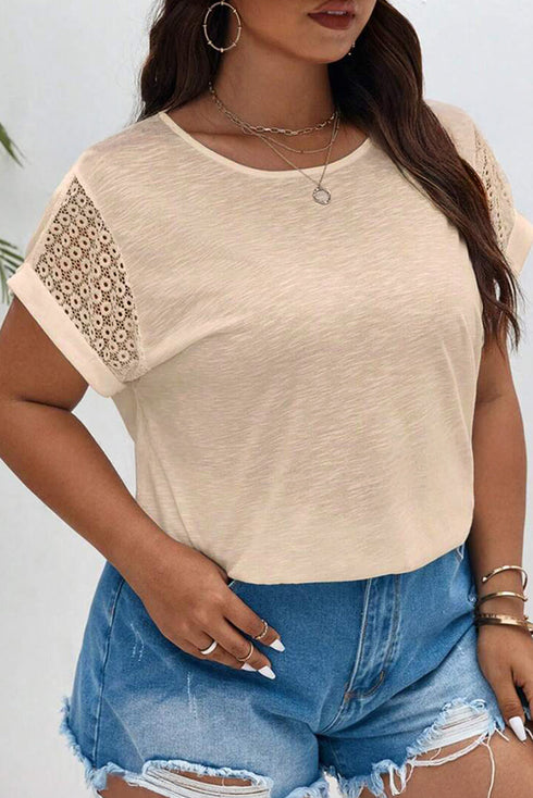 Lace Patchwork Short Sleeve Round Neck Plus Size Top