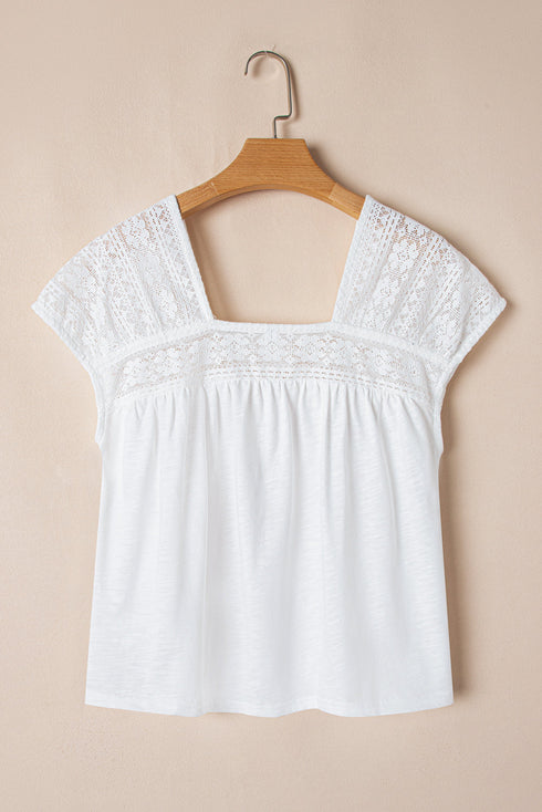 Lace Patchwork Square Neck Relaxed Fit Boho Style Summer Blouse