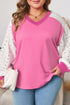 Lace Patchwork Striped Corded V Neck Long Sleeve Top