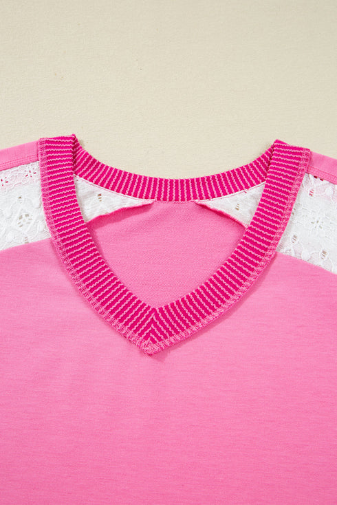 Lace Patchwork Striped Corded V Neck Long Sleeve Top