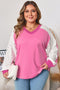 Lace Patchwork Striped Corded V Neck Long Sleeve Top
