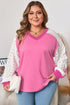 Lace Patchwork Striped Corded V Neck Long Sleeve Top