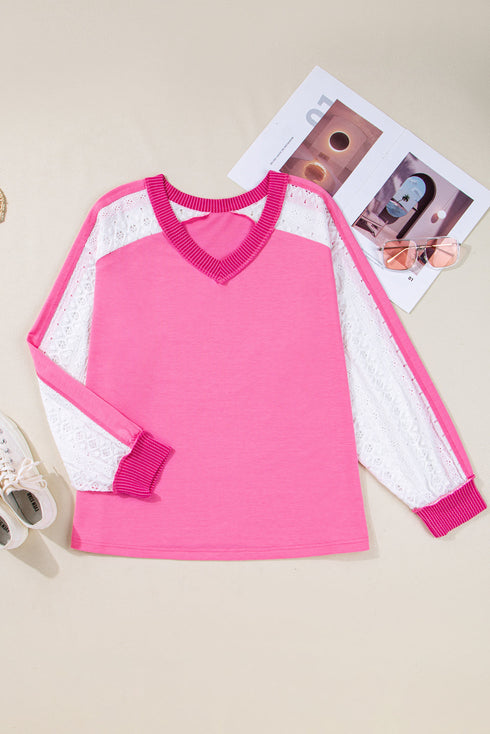 Lace Patchwork Striped Corded V Neck Long Sleeve Top