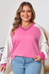 Lace Patchwork Striped Corded V Neck Long Sleeve Top