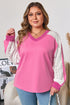 Lace Patchwork Striped Corded V Neck Long Sleeve Top