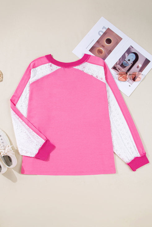 Lace Patchwork Striped Corded V Neck Long Sleeve Top