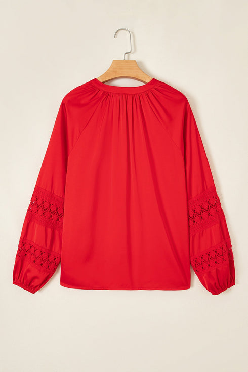 Lace Patchwork V Neck Button Front Shirt