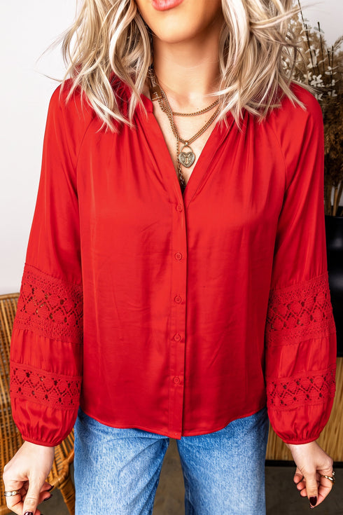 Lace Patchwork V Neck Button Front Shirt