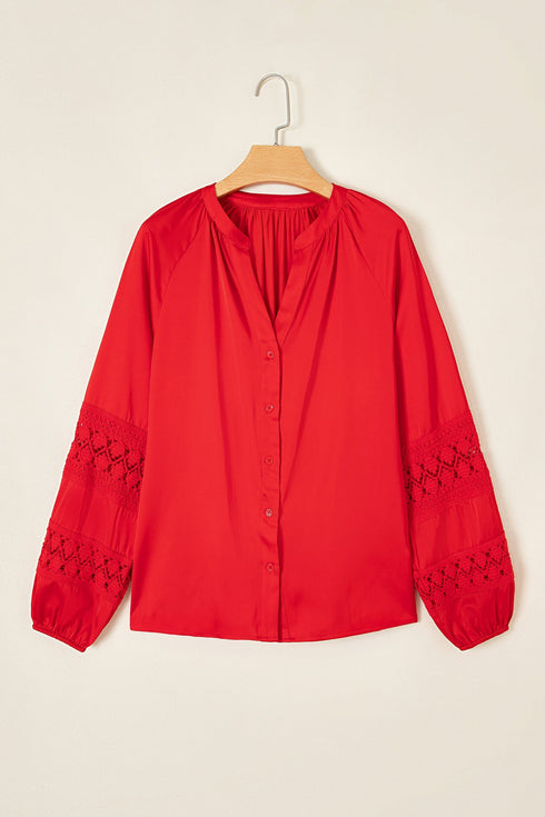 Lace Patchwork V Neck Button Front Shirt