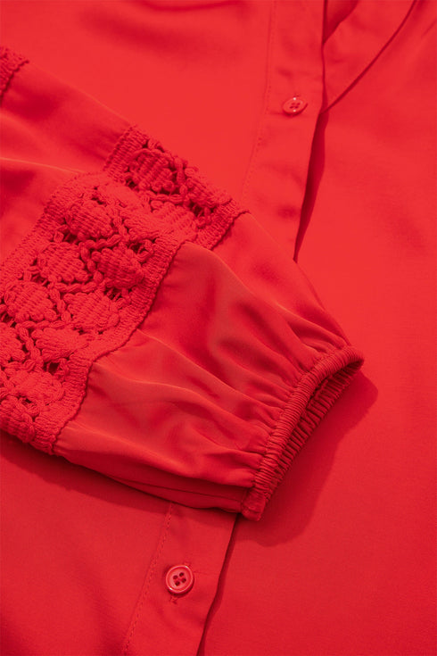 Lace Patchwork V Neck Button Front Shirt