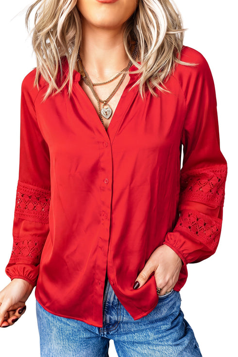 Lace Patchwork V Neck Button Front Shirt