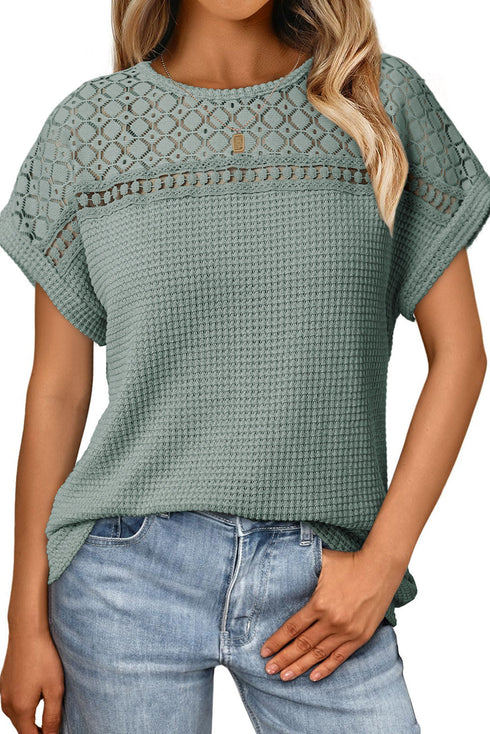Lace Patchwork Waffle Short Sleeve Top