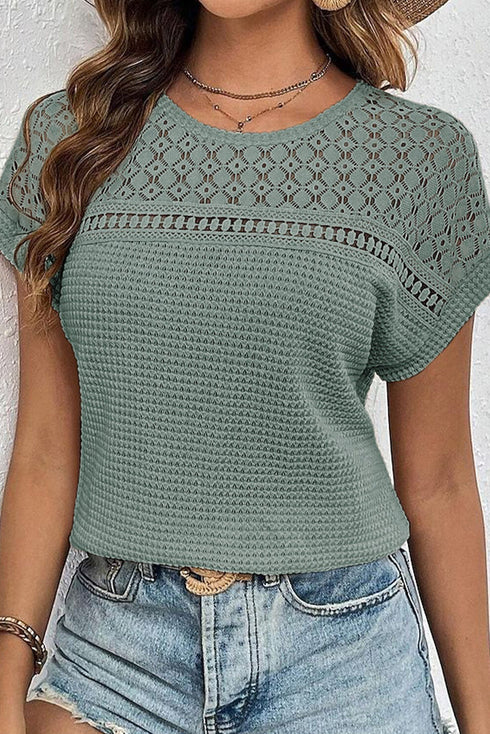 Lace Patchwork Waffle Short Sleeve Top