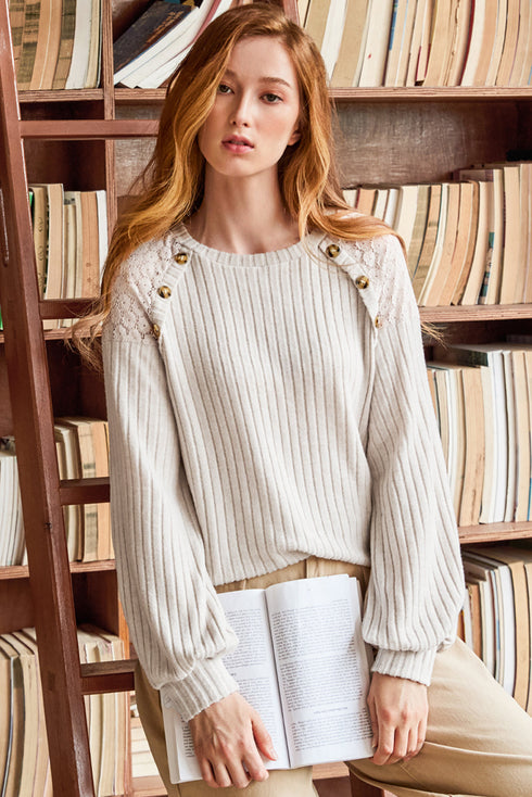 Lace Shoulder Button Accent Ribbed Long Sleeve Top