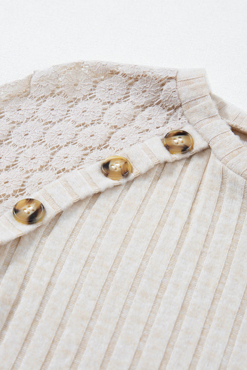 Lace Shoulder Button Accent Ribbed Long Sleeve Top
