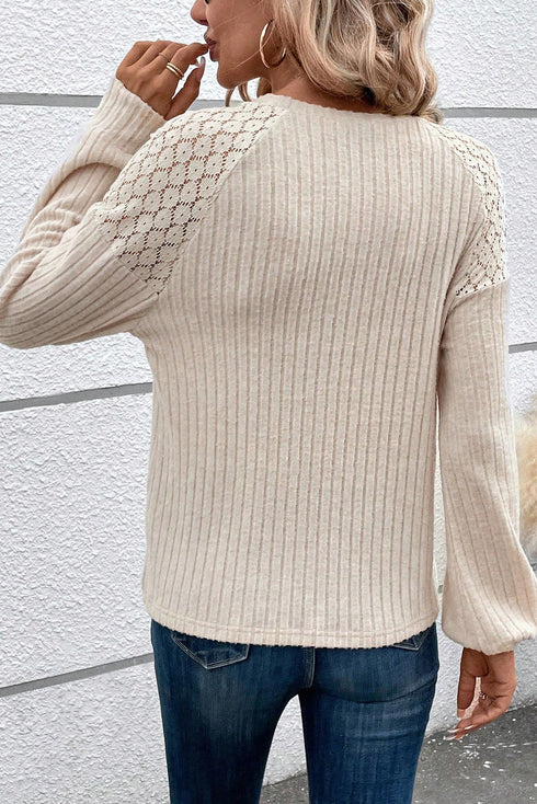 Lace Shoulder Button Accent Ribbed Long Sleeve Top