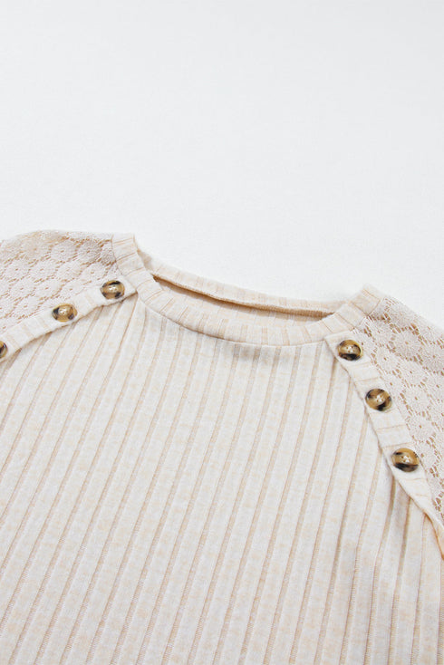 Lace Shoulder Button Accent Ribbed Long Sleeve Top