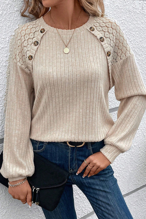 Lace Shoulder Button Accent Ribbed Long Sleeve Top