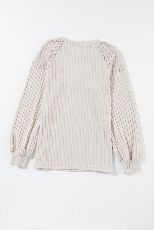 Lace Shoulder Button Accent Ribbed Long Sleeve Top
