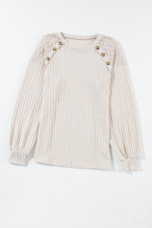 Lace Shoulder Button Accent Ribbed Long Sleeve Top