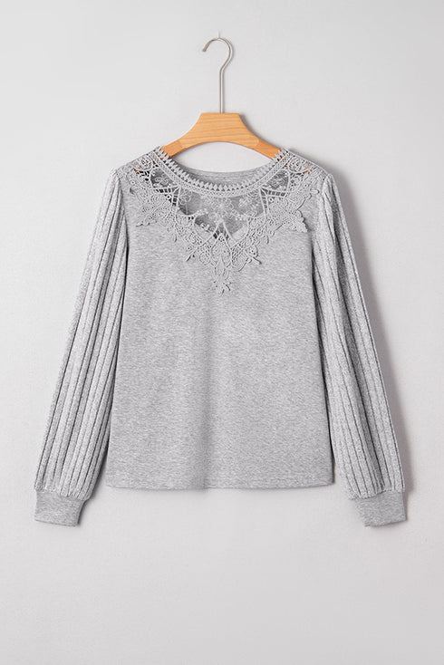 Lace Shoulder Ribbed Knit Long Sleeve V Neck Top