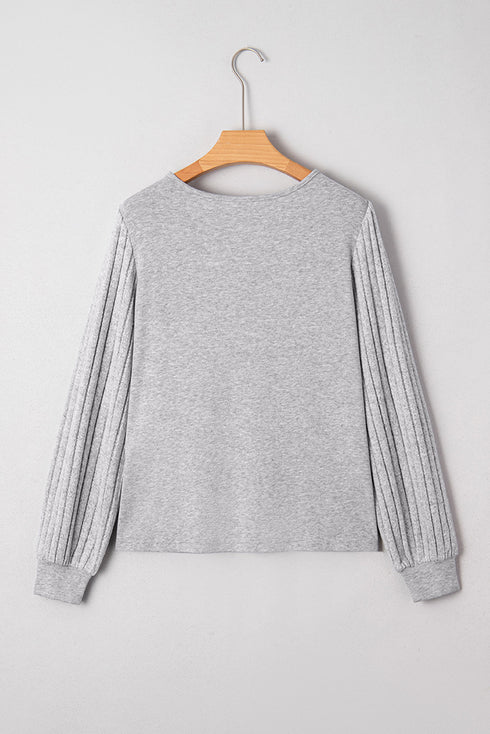 Lace Shoulder Ribbed Knit Long Sleeve V Neck Top