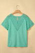 Lace Spliced Button Cutout V Neck Waffle Knit Blouse
