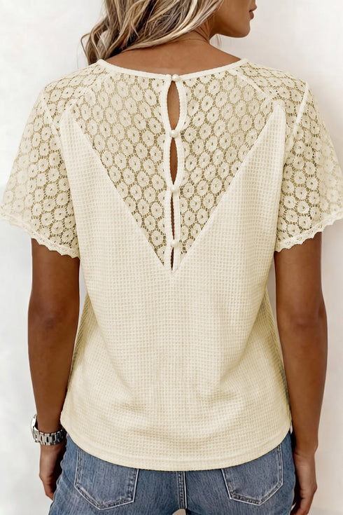 Lace Spliced Button Cutout V Neck Waffle Knit Blouse
