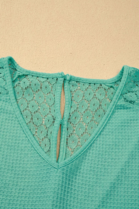 Lace Spliced Button Cutout V Neck Waffle Knit Blouse