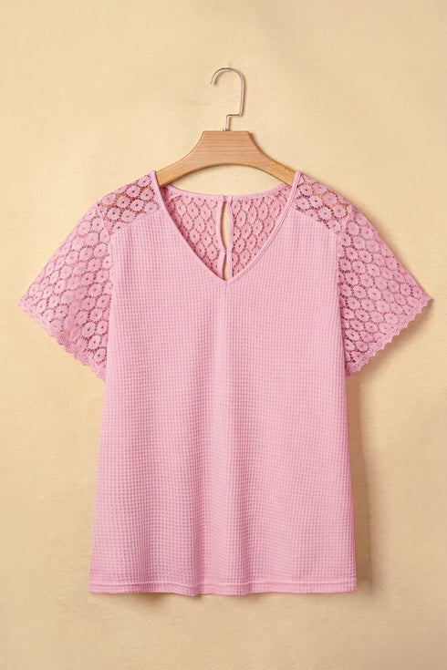 Lace Spliced Button Cutout V Neck Waffle Knit Blouse
